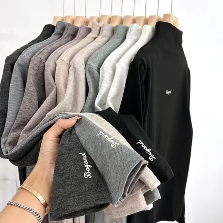 半高领打底衫女2023春季新款字母刺绣上衣磨毛保暖内搭长袖T恤图片