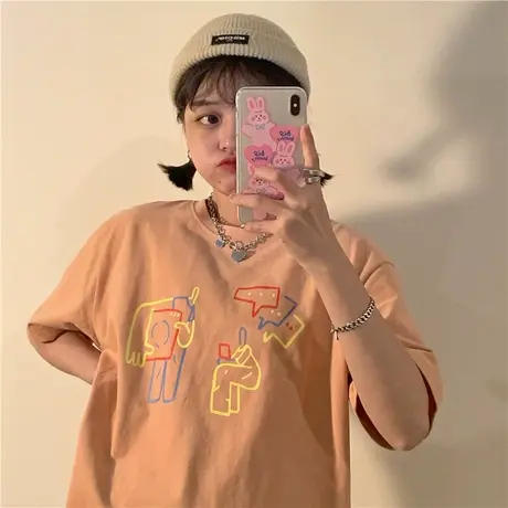 原创简笔画卡通2023新款夏装宽松bf休闲圆领纯棉短袖T恤女上衣ins图片