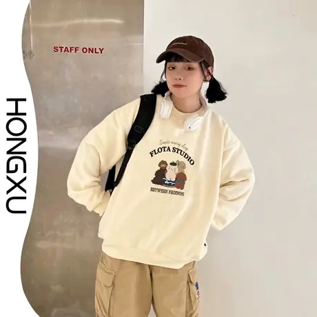 红续2023秋冬新款学院风圆领印花卫衣女生小众设计感百搭杏色上衣图片