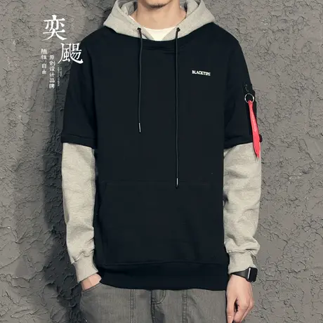 奕飏街头港风卫衣男套头连帽 假两件飘带秋季卫衣 韩版潮帽衫外套商品大图