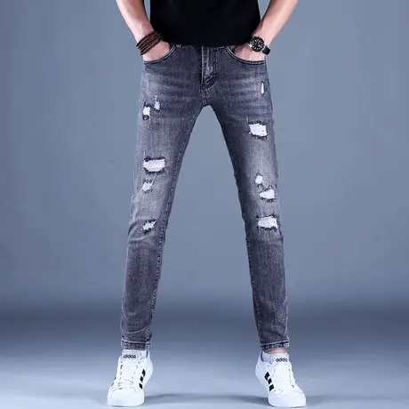 男士破洞牛仔裤男修身小脚2023新款秋款男款紧身休闲裤子潮牌弹力商品大图