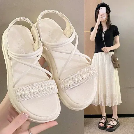 凉鞋女仙女风2023年新款夏季平底百搭沙滩网红串珠细带罗马凉拖鞋图片