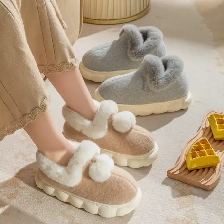 纯色秋冬季毛绒月子保暖外穿包跟棉拖鞋女居家室内情侣棉鞋男冬天商品大图