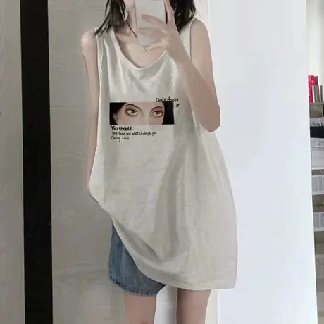 纯棉吊带运动坎肩背心无袖t恤女夏季设计感小众外穿宽松挂脖上衣图片