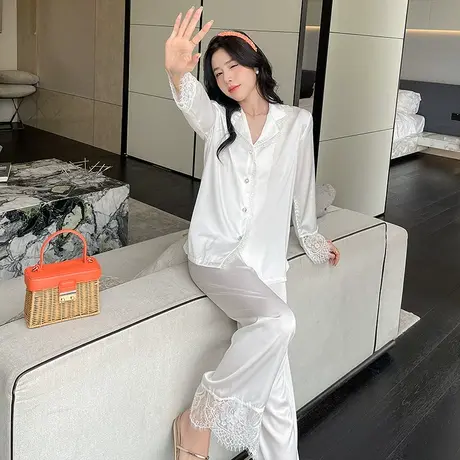 睡衣女春秋款长袖冰丝绸2023年新款大码可外穿夏天薄款家居服套装商品大图