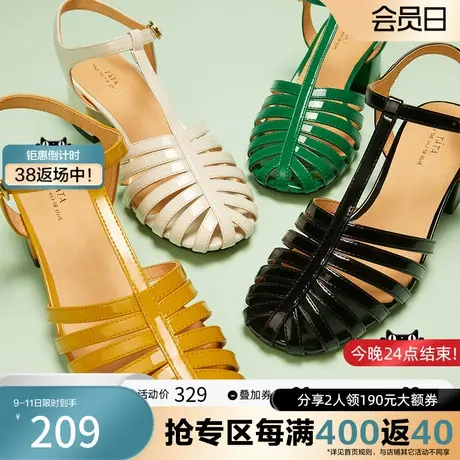 Tata他她罗马凉鞋女夏季猪笼鞋一字带高跟鞋包头WSE01BL2奥莱图片