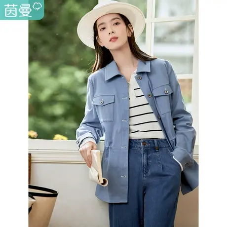 茵曼2023春女装新款田园休闲翻领落肩夹克宽松收腰显瘦上衣外套图片