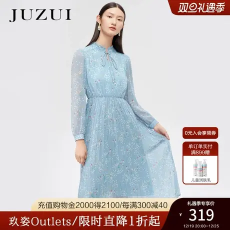 JZ玖姿奥莱春秋新款蓝色印花系带收腰褶皱女淑女雪纺连衣裙图片