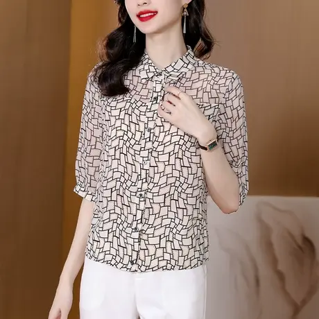 夏季短袖雪纺衬衫女高端时尚 洋气中年妈妈配阔腿裤的女上衣衬衣图片