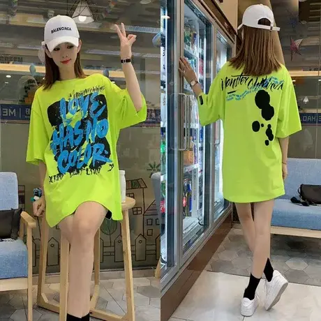国潮宽松体恤上衣慵懒bf风大码短袖女欧美高街字母涂鸦t恤情侣装商品大图