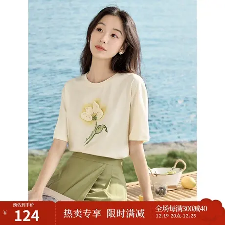 【商场同款】茵曼时尚休闲T恤2023夏季女装新款宽松圆领绣花上衣图片