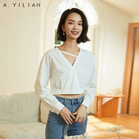 阿依莲白色V领长袖春日衬衫春装女士2024年新款短款洋气卡腰上衣图片