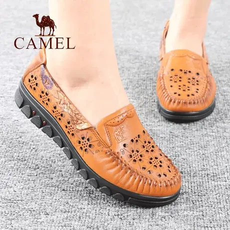 Camel/骆驼女鞋夏季新款网眼真孔透气柔软牛皮舒适休闲凉妈妈鞋子图片