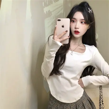 纯欲风长袖方领t恤女早秋设计感小众修身性感高腰短款不规则上衣商品大图