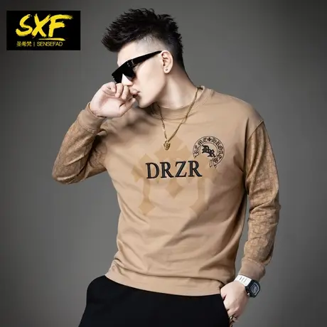 SXF圣希梵圆领卫衣男 宽松潮牌发泡印花刺绣圆领体恤套头男士上衣商品大图