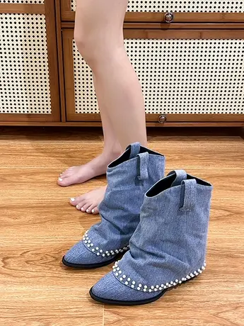 西部牛仔靴女鞋高跟及裸靴爆款粗跟配裙子马丁靴时尚百搭瘦瘦靴秋图片