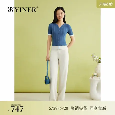 【真丝系列】YINER音儿夏季桑蚕丝毛针织衫撞色短袖上衣商品大图