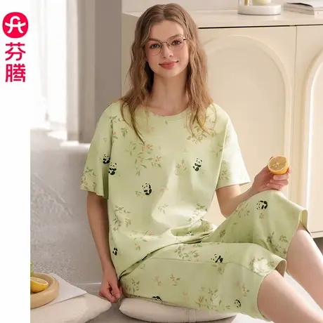 芬腾夏季纯棉睡衣女士薄款短袖七分裤休闲熊猫宽松夏天家居服套装商品大图