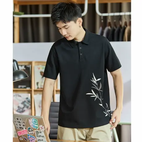 唐狮夏季新款短袖Polo衫男士国潮白色有带翻领t恤宽松上衣服商品大图