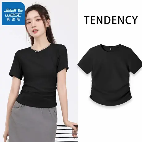 KWV真维斯黑色正肩短袖t恤女2025新款爆款夏季辣妹独特别致上衣女商品大图