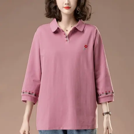 中年妈妈春夏装七分袖上衣女新款加肥加大码女装宽松休闲翻领中袖商品大图