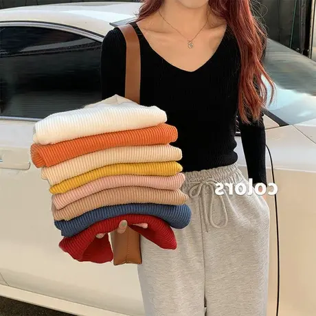 2023年新款秋冬季设计感小众外穿内搭针织打底衫女士爆款V领毛衣商品大图