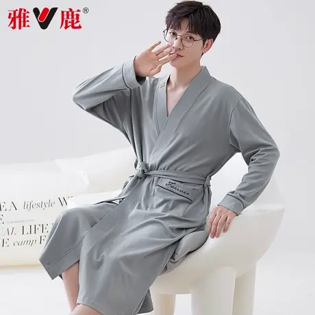 雅鹿春秋季纯棉长袖睡袍2025新款睡衣男士浴衣晨袍大码家居服浴袍图片
