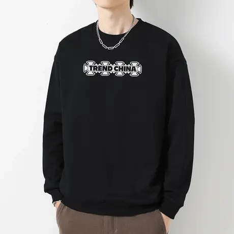 重磅纯棉黑色卫衣男圆领套头无帽上衣宽松潮流秋季摇粒绒长袖t恤商品大图