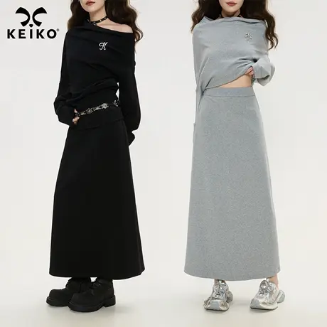 KEIKO miu系百搭灰色休闲半身裙25秋季高腰垂感显瘦A字包臀长裙商品大图