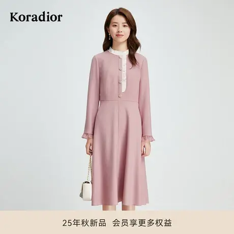 珂莱蒂尔秋季款法式复古气质浪漫玫瑰系穿搭修身中长款A字连衣裙商品大图