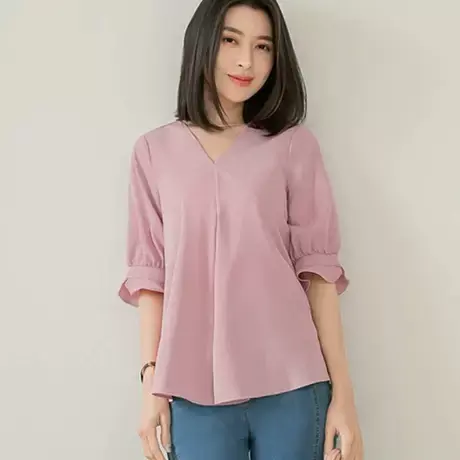 桔熊夏季浪漫舒适凉爽雪纺衫V领花苞荷叶袖宽松上衣女大码AB16882商品大图