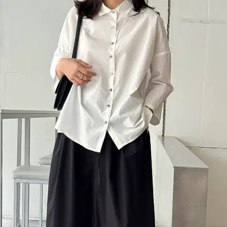 新款纯色简约长袖衬衫女韩版宽松大码时尚纯棉气质百搭白色衬衣潮商品大图