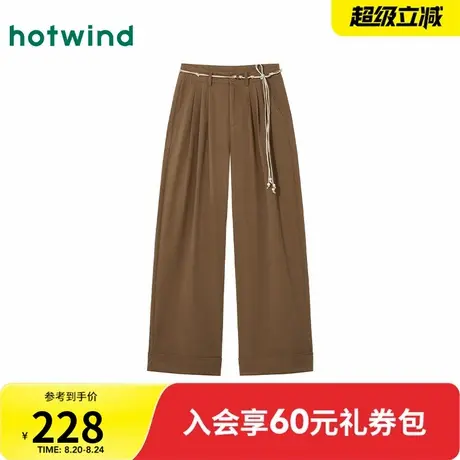 热风2025年秋季新款女士巴恩风翻边阔腿长裤设计感系带点缀穿搭商品大图