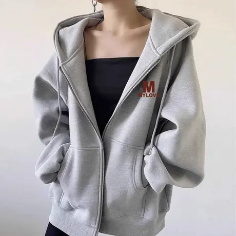拉链街头风外套女春秋复古小个子长袖开衫上衣chic连帽大码卫衣潮商品大图