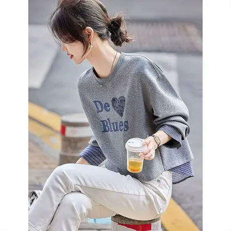 时尚休闲卫衣2025年春季新款女拼接格纹休闲减龄百搭假两件上衣图片
