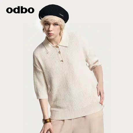 odbo/欧迪比欧早秋针织衫上衣女修身休闲短袖天丝薄款翻领polo衫商品大图