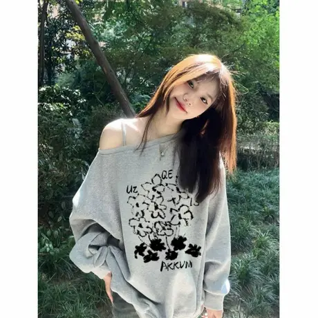 美式灰色露肩斜领卫衣女早秋季2025新款设计感宽松慵懒风上衣外套商品大图