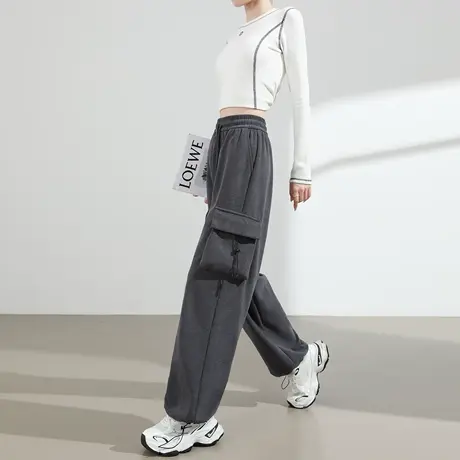 灯芯绒工装阔腿裤女秋季新款高腰宽松垂感灰色休闲两穿束脚运动裤商品大图
