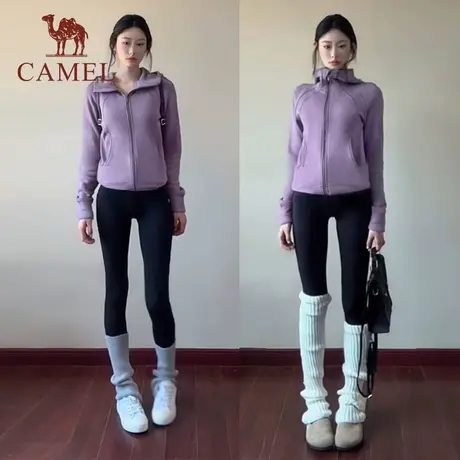 骆驼女装小蛮腰外套2025秋季针织加绒连帽卫衣收腰显瘦修身开衫商品大图