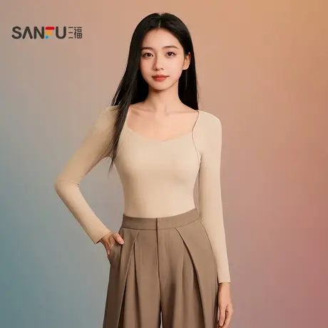 三福女冬季贴合拼接带杯长袖打底内衣 修身抗静电内搭上衣507914商品大图