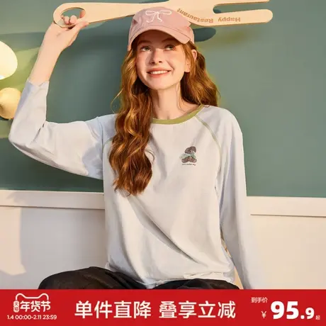 唐狮2026春季长袖T恤女撞色插肩袖卡通小熊印花时尚韩系外穿打底图片