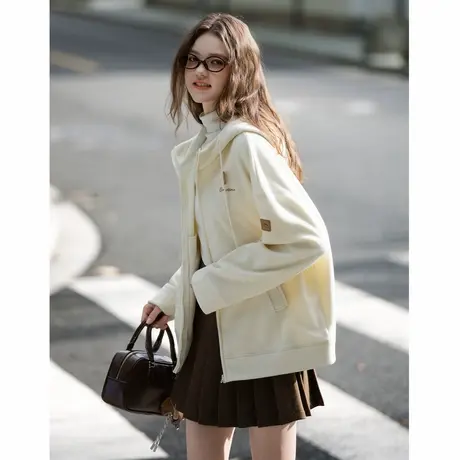 唐狮秋冬季外套女连帽净色简约风摇粒绒短款保暖外套设计百搭TUTA图片