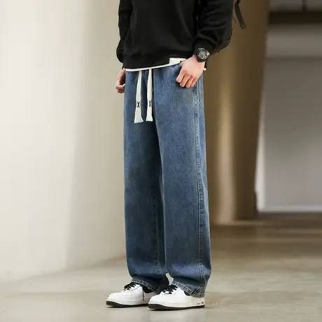 唐狮春秋季新款牛仔裤男士宽松抽绳阔腿直筒裤子男复古美式潮TE图片