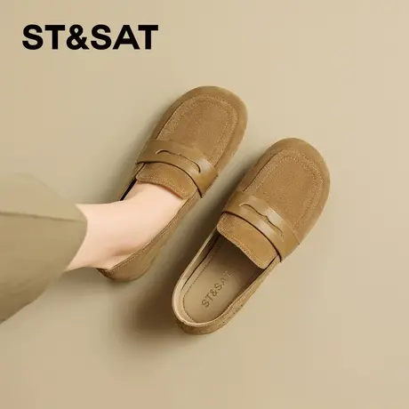 星期六复古豆豆鞋女鞋2026春季软面新款棕色孕妇一脚蹬真皮勃肯鞋商品大图