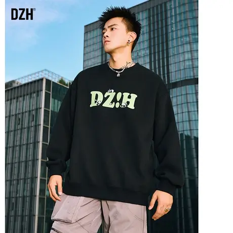 DZH男士黑色圆领卫衣潮牌男美式男装2023新款情侣装秋季外套男款商品大图