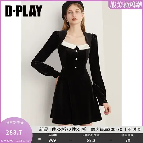 DPLAY2023新名媛富家千金经典黑撞色闪钻丝绒连衣裙小黑裙轻礼服图片