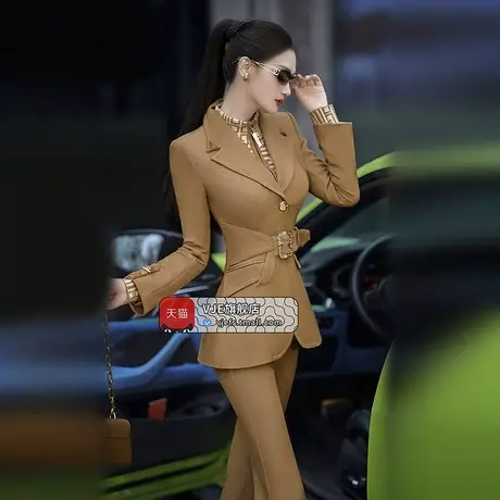 VJE秋冬职业OL西服套装2023女士新款单排扣外套高腰喇叭裤两件套图片