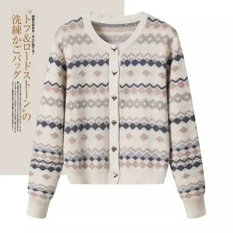享永子【浣熊绒新秋限定】菱格提花针织开衫圆领毛衣外套宽松复古图片