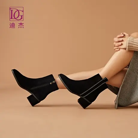DG粗跟磨砂马丁靴女真皮秋冬新款中跟瘦瘦袜靴短靴弹力单靴子商品大图