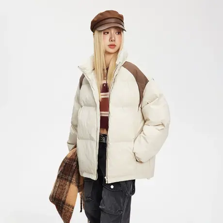 美式复古拼接立领棉服女冬季加厚外套2023新款宽松保暖面包服棉衣商品大图